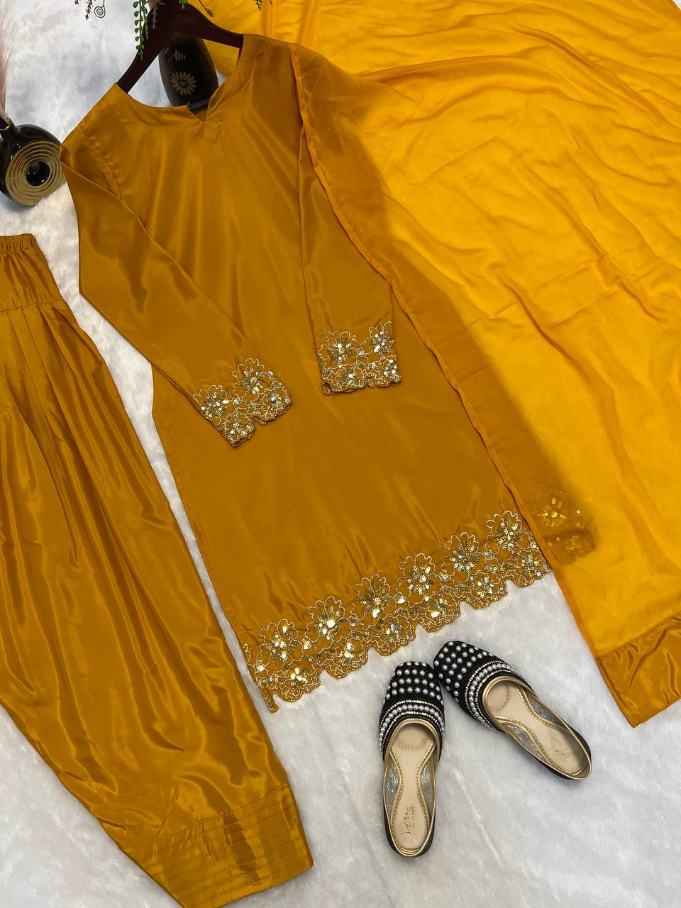 Elegant Pastel Blue Silk Suit with Golden Floral Embroidery Trim